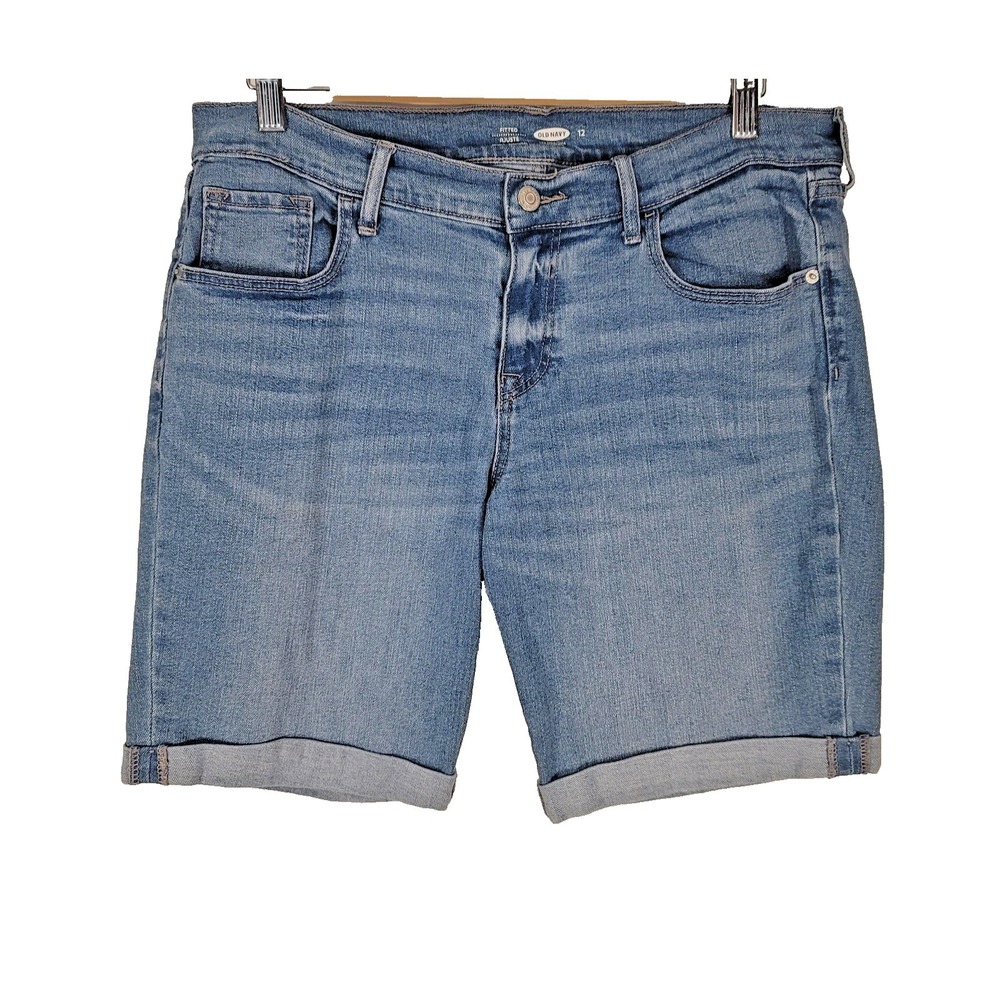 Old Navy Shorts Womens 12 Blue Denim Fitted Bermuda Cuffed Casual Stretch Summer